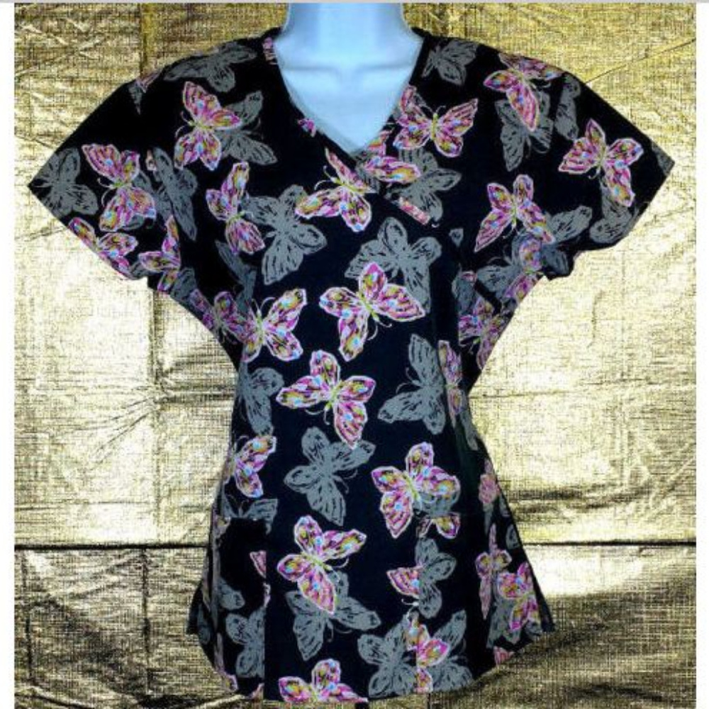 Butterfly Scrub Top Uniform Black Pink Cassandra O
